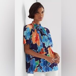 Ralph Lauren Floral Pleated Crinkle Georgette Blouse . Size S